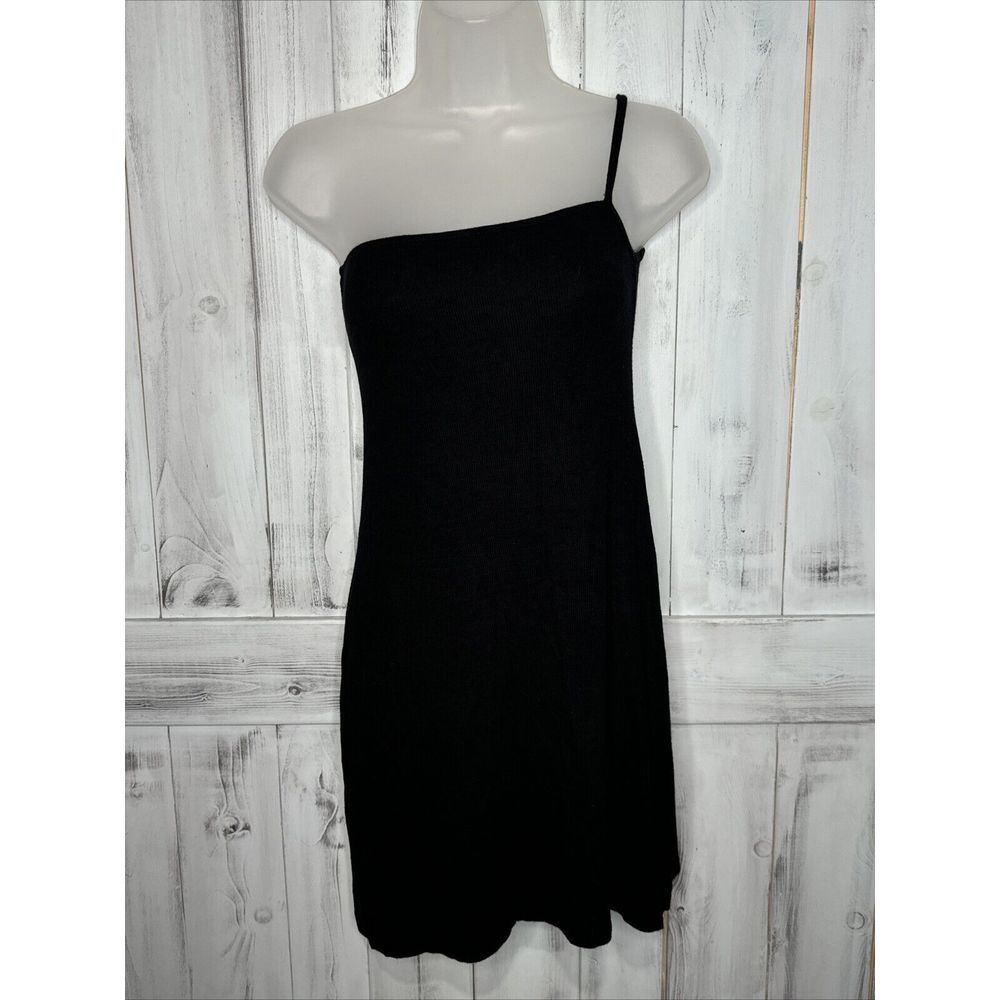 JOAH BROWN BLACK RIBBED KNIT ONE SHOULDER STRETCH MINI SIDE SLIT SLIP‎ DRESS S/M